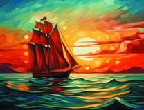 Корабль с алыми парусами на фоне алого заката