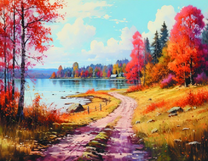 Дорога вдоль реки и осеннего леса