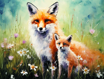 Лисица с лисенком среди ромашек