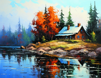 Деревянная избушка в осеннем лесу у реки