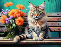 Красивый кот и букет полевых цветов на скамье