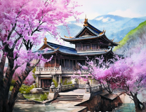 Японский холм среди цветущих сакур