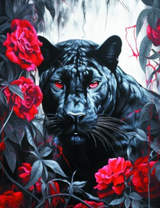 Смолисто-черная пантера среди красных роз
