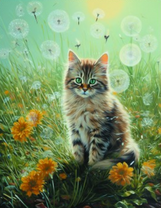 Пушистый котёнок среди одуванчиков