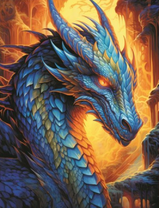 Голубой дракон на фоне огня