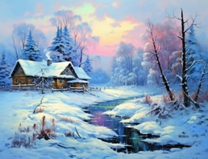 Зимний пейзаж с заснеженным домом у реки