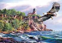 Белоголовый орлан у маяка над морем