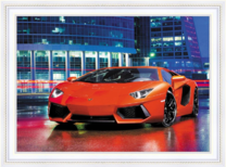 Красный ламборджини у ночного небоскрёба