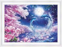 Цветущая сакура и дельфины в сказочной ночи