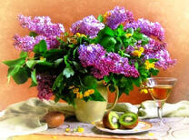 Сирень в кувшине, вино и киви