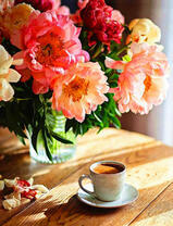 Пионы в вазе и чашечка кофе