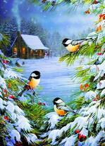 Три синички на дереве и уютный деревянный домик