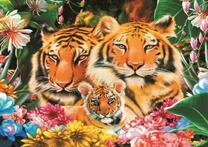 Семья тигров в ярких цветах джунглей