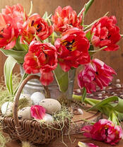 Букет тюльпанов и корзина с яйцами