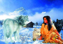 Девушка на снегу в окружении волков