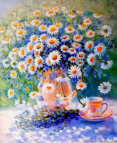 Букет ромашек и голубых цветочков