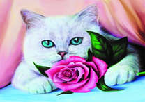 Белая кошечка с розовой розой