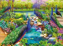 Стая павлинов у весеннего пруда