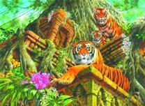 Семейство тигров у города в джунглях