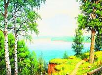 Красочный вид на озеро из летнего леса