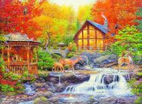 Семейство оленей возле загородного домика