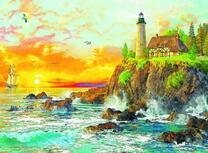 Домик с маяком на скалистом утёсе в море