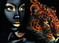 Девушка с черно-золотым макияжем и леопард