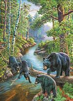 Медвежата с медведицей играют на бревне у ручья