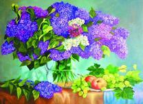 Натюрморт с букетом сирени, яблоками и виноградом