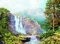 Сосны у горы с водопадом