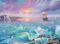 Парусник у скалистых берегов под лучами солнца