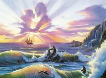 Парусник в море под красочными лучами солнца