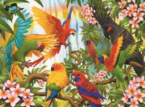 Разнообразие попугаев на цветущих ветках