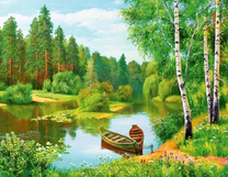 Две лодки на реке у березок