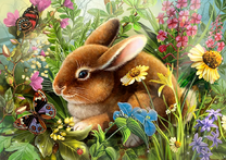 Кролик среди цветов и бабочек