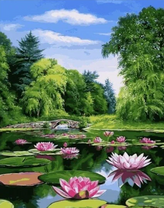 Сиреневые лилии на небольшой реке