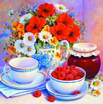 Малинка, чай и букетик цветов