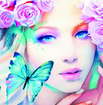 Милая леди среди роз и бабочек