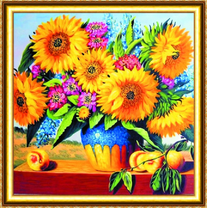 Букет с подсолнухами и персики на ветке