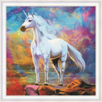 Белый единорог на разноцветном фоне