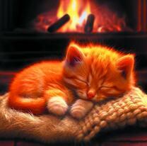 Рыженький котёнок у камина