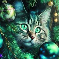 Кошечка среди новогодней елки