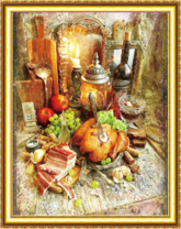 Ужин с мясом, фруктами и вином