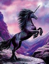 Черный единорог на скале под луной