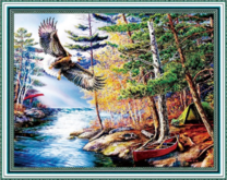 Стоянка рыбака и орлан над лесной рекой