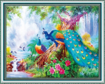 Павлины на дереве и журавли у реки