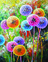 Картина с разноцветными одуванчиками