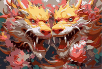 Два жёлтых дракона в цветах