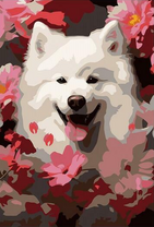 Белый пушистый пёс в цветах