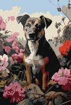 Чёрно-рыжий пёс в цветах